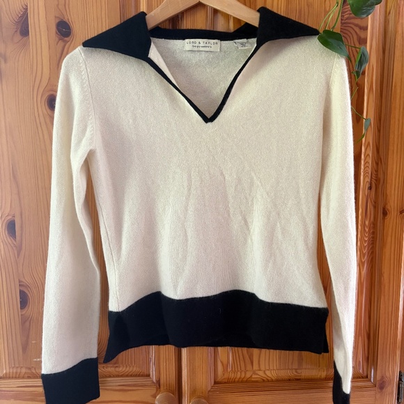 100% Cashmere Lord and Taylor 90’s Sweater Women’s XS Ivory and Black, unique! - Picture 1 of 6
